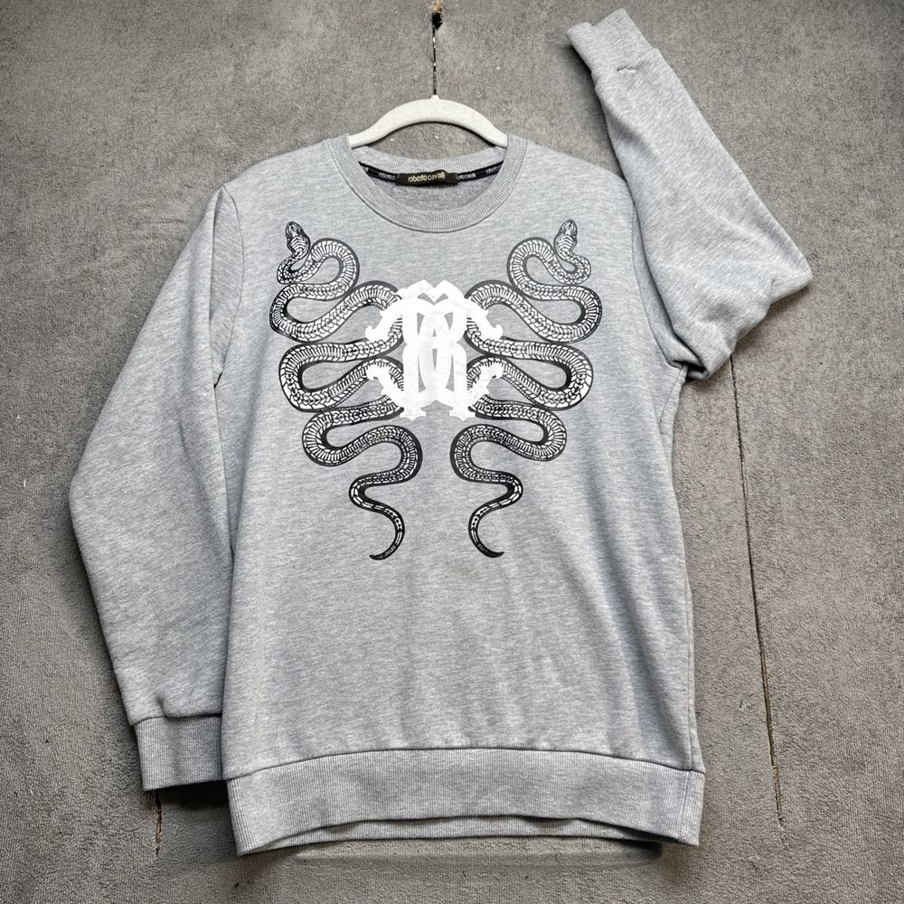 Cavalli Class Snake Logo Graphic Sweatshirt Gray Crewneck Made in Italy S‎